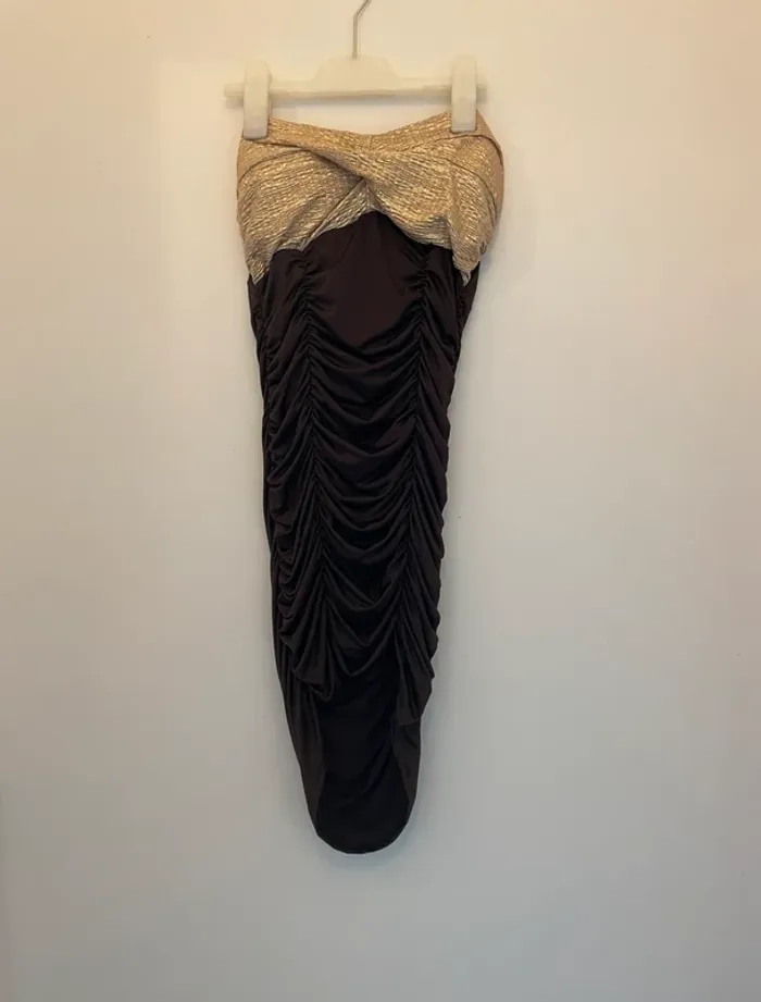 Robe bustier drapée marron & dorée – Taille M - photo numéro 2