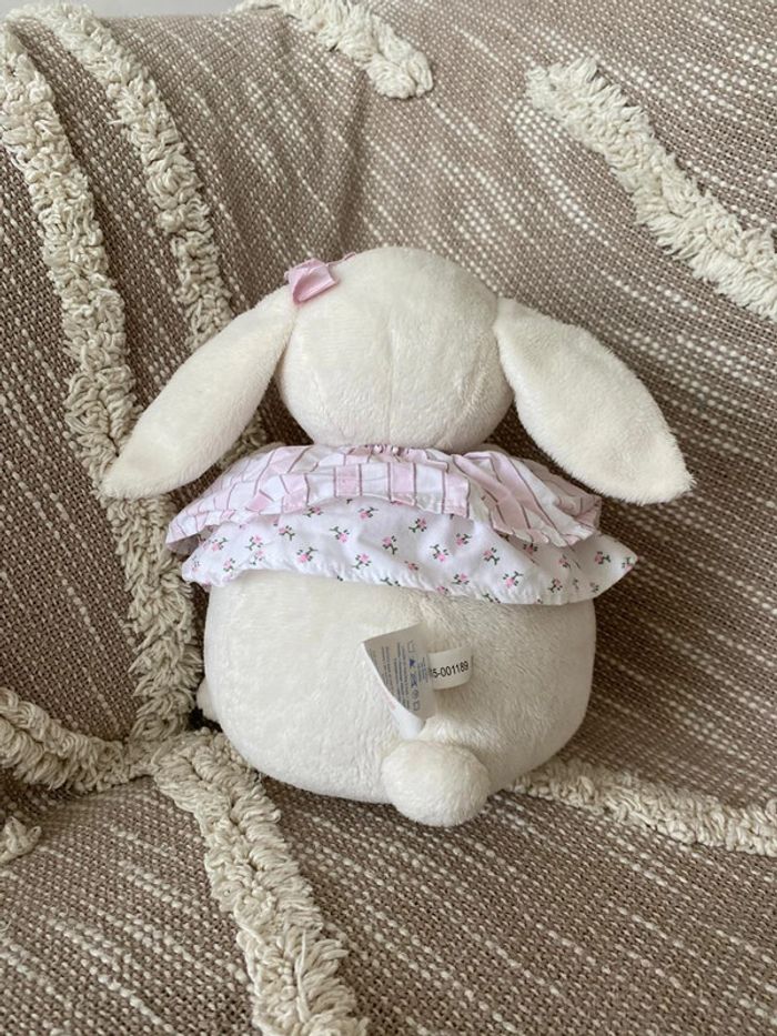 Peluche doudou 22cm jacadi lapin blanc robe à fleur rose très bon état - photo numéro 2