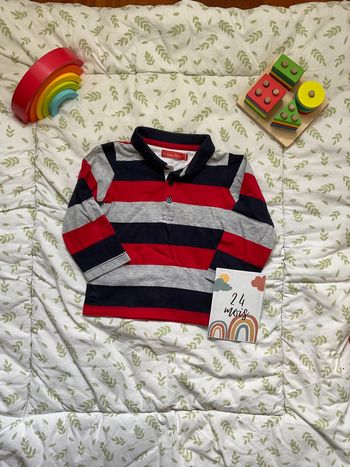 polo manches longues rayé rouge marine et gris 24 mois tissaia