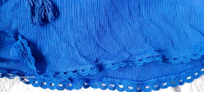 Blouse courte manches pagodes avec dentelle tissus plissé lien à pampilles bleu femme L - photo numéro 16