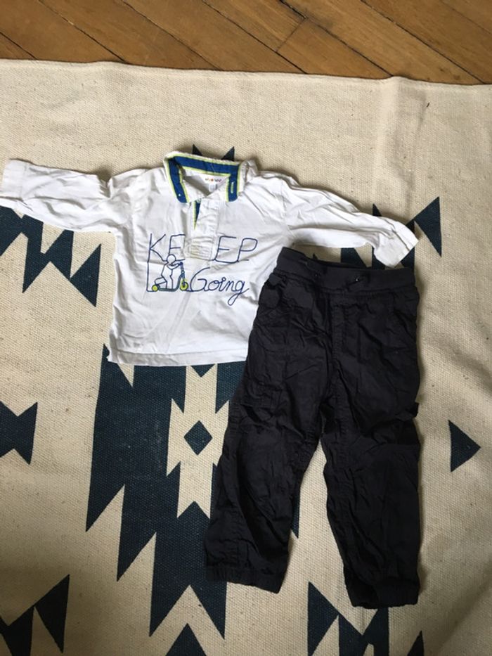 Ensemble polo manches longues + pantalon doublé marine/24m