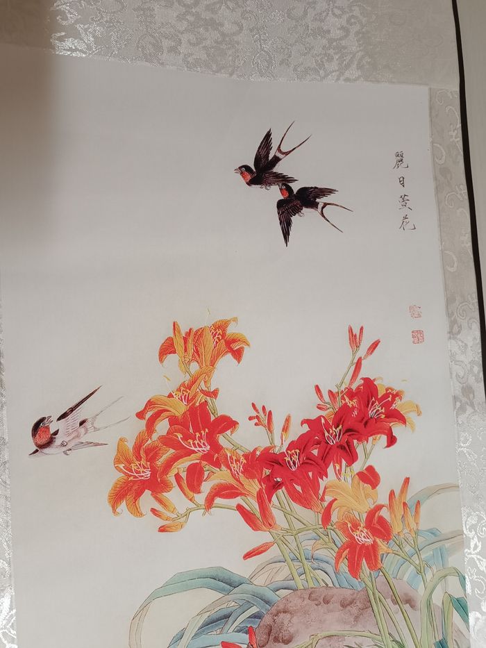 Print peinture hirondelle et fleurs lys en style Gong bi - photo numéro 3