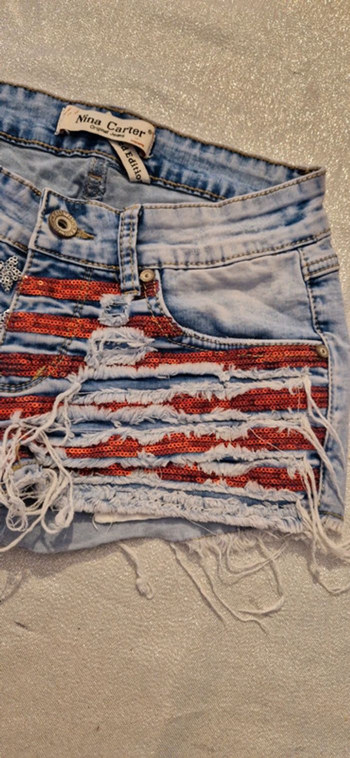 Mini short en jean Nina Carter édition limitée strass drapeau américain - photo numéro 3
