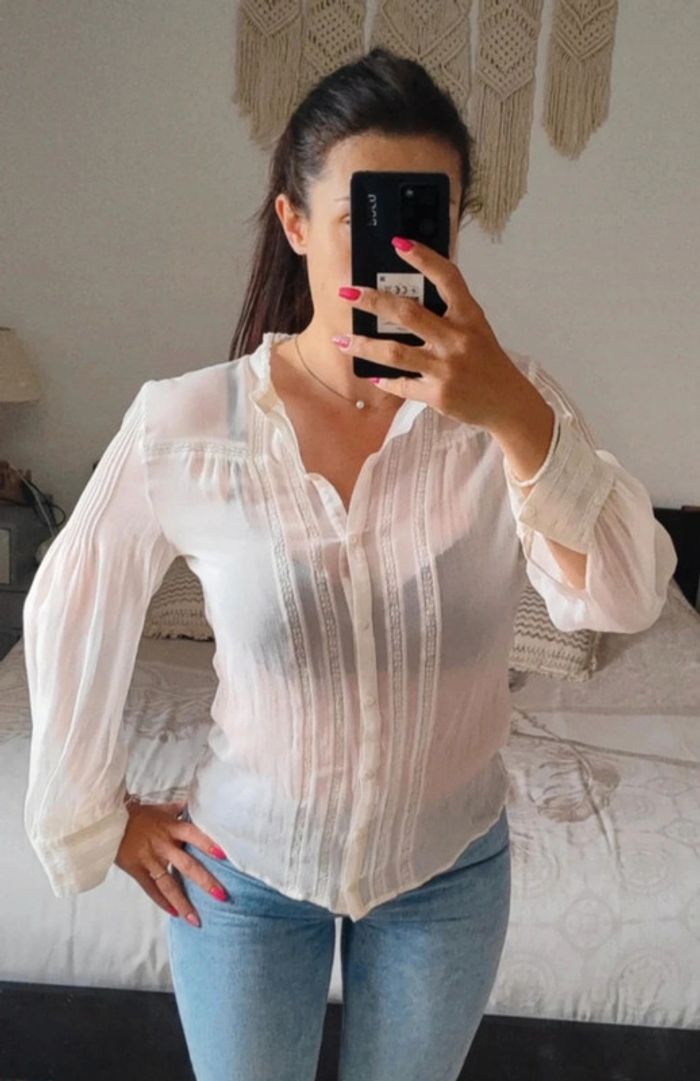 Chemise Chemisier écru 123 Un Deux Trois 100% soie T44 détail dentelle transparent neuf - photo numéro 2