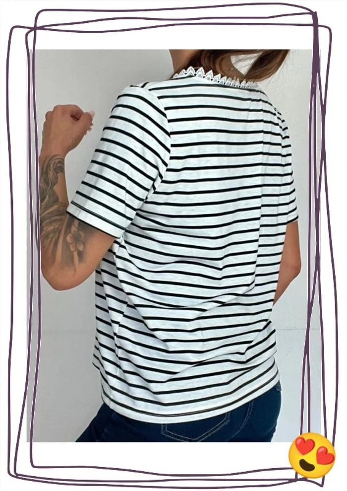 T-shirt rayé cœur rouge sur le cœur , col V dentelle taille L - SHEIN - photo numéro 5