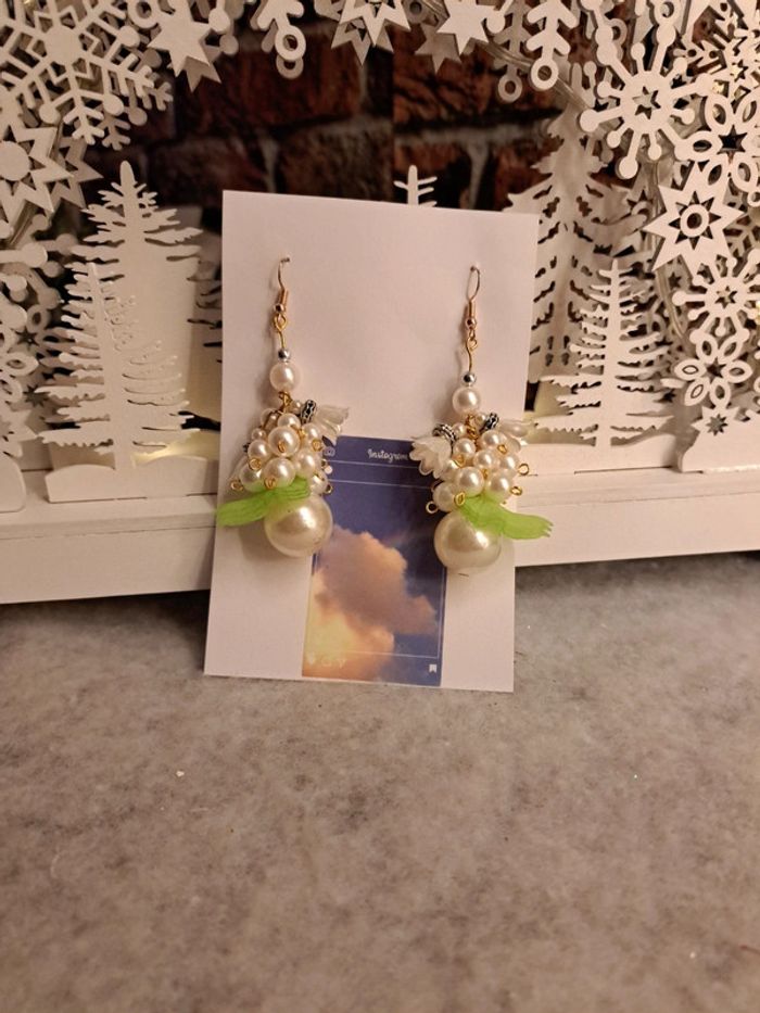 Lot de boucles d'oreilles pendantes bohème verte et blanche - photo numéro 2