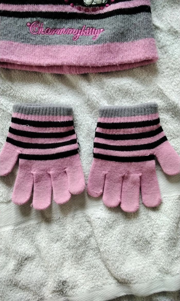 Bonnet et gants , Hello Kity  , rose et gris,  Charmmykitty , Sanrio  , taille 52 - photo numéro 7