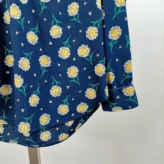 Blouse bleue à fleurs Mamouchka – imprimé pissenlits, manches longues, taille M A1067 - photo numéro 4
