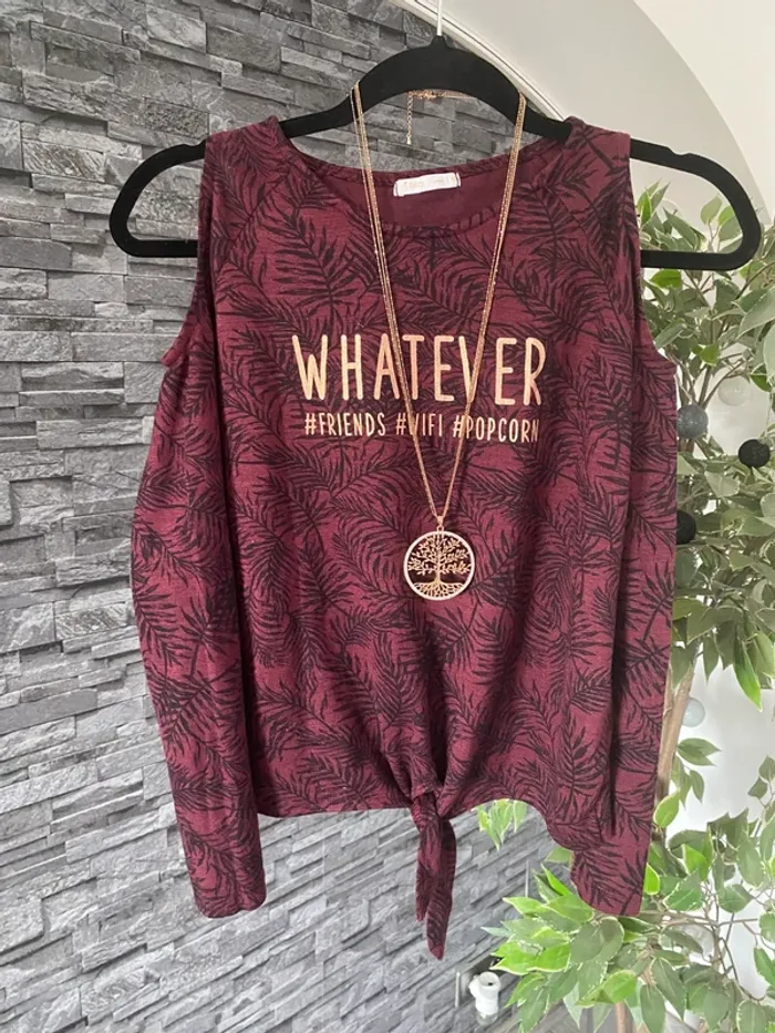 🛑Top fille bordeaux à nouer – motif feuilles – col ouvert – Gémo – 12 ans🛑 - photo numéro 2
