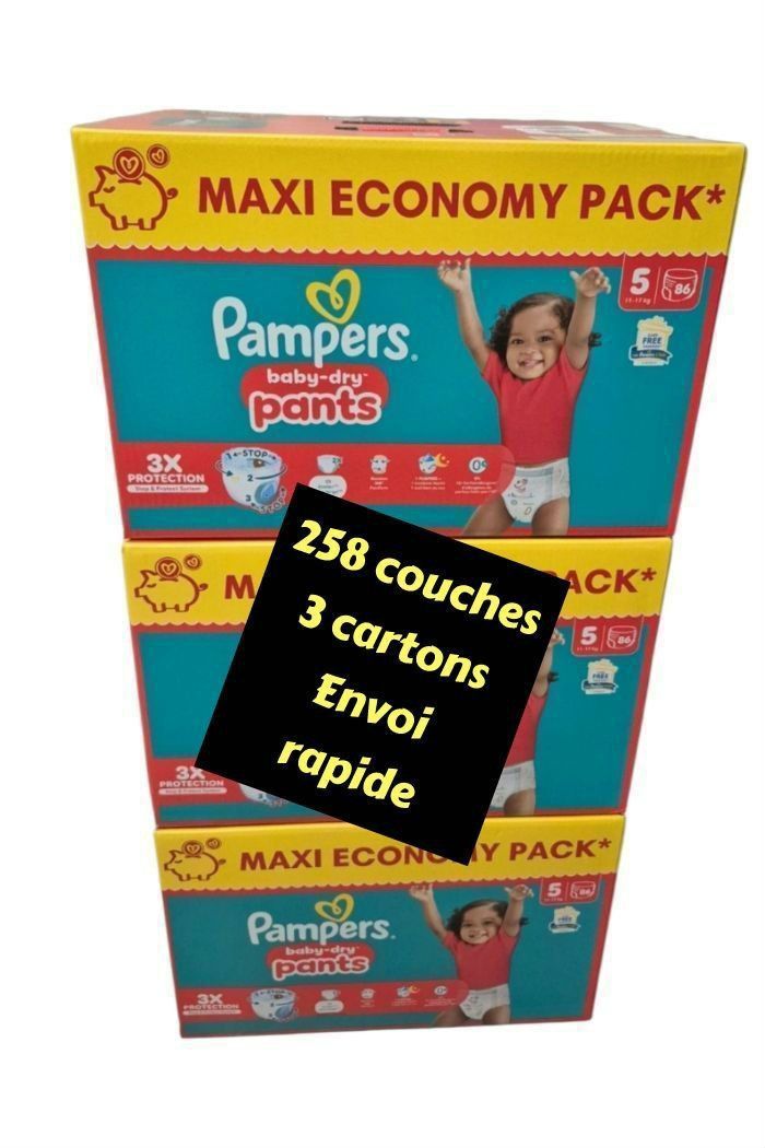 258 couches Pampers taille 5 pants lot de 3 cartons neufs
