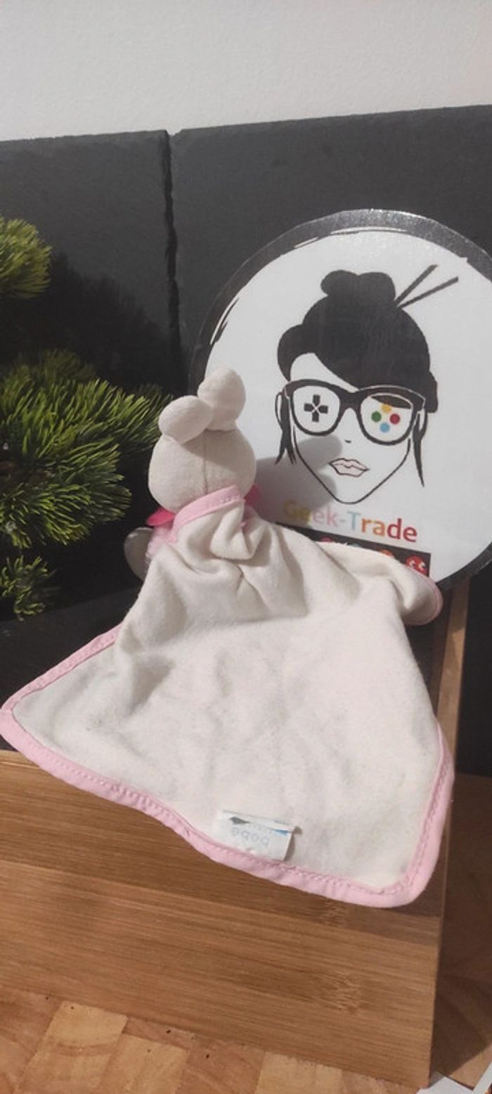 Doudou lapin rose mouchoir Klorane blanc collerette - photo numéro 2