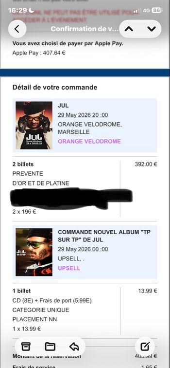 2 Places Carré Or Numéroté Assises Jul vélodrome