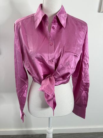 Chemisier satiné en soie rose bonbon Delmod Vintage T42 XL