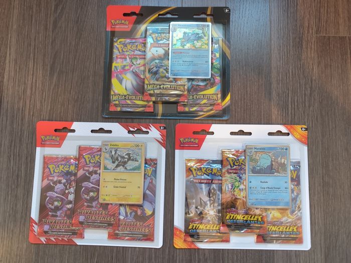 Lot Tripacks cartes Pokémon Étincelles déferlantes Rivalités destinées Mega évolution boosters