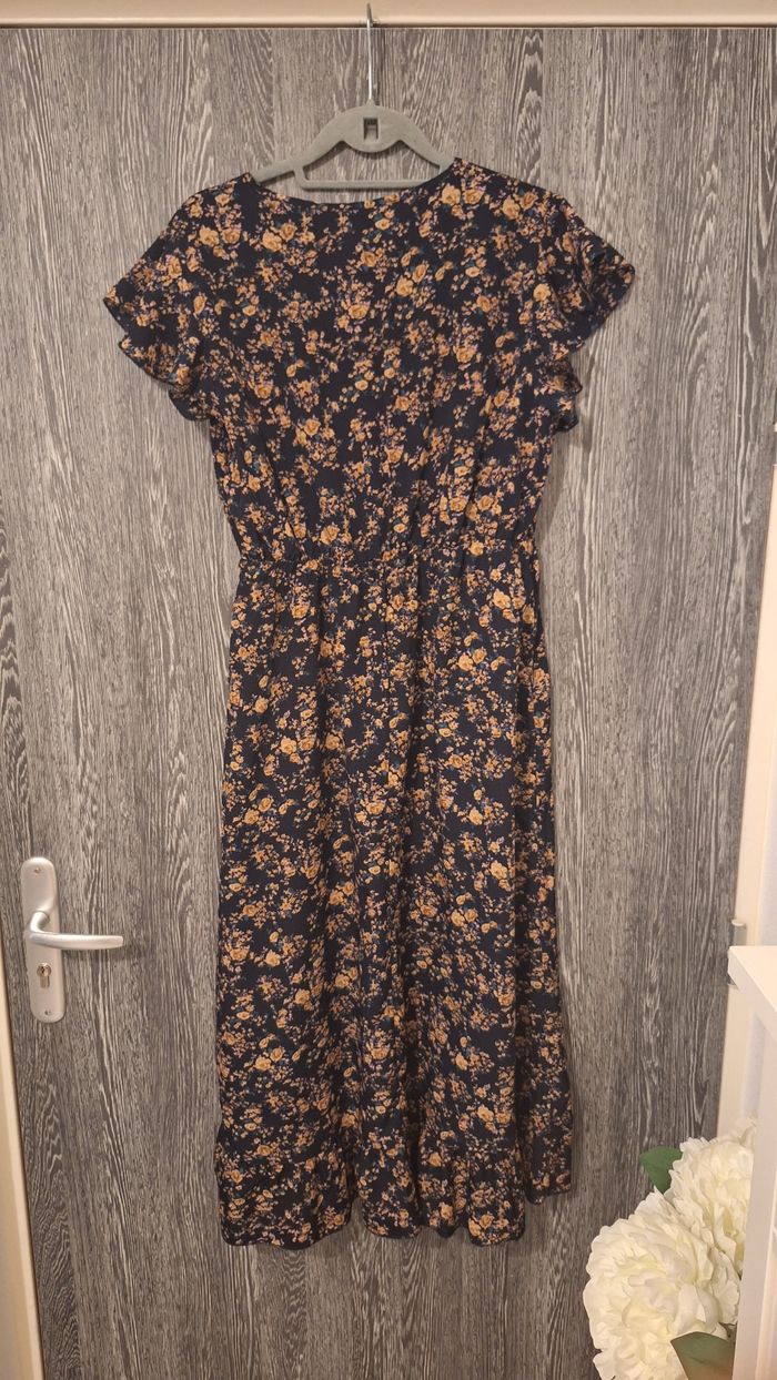 Robe col v trapèze imprimé fleuri beige et rose - photo numéro 2