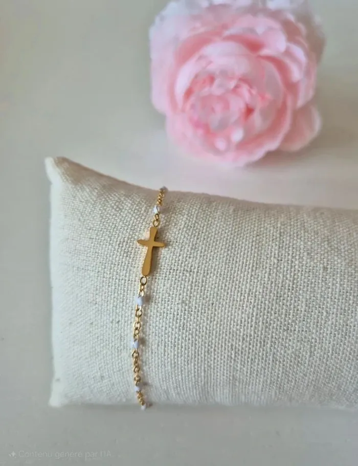 1 bracelet dorée or avec croix chrétienne style gigi perles blanches - photo numéro 4