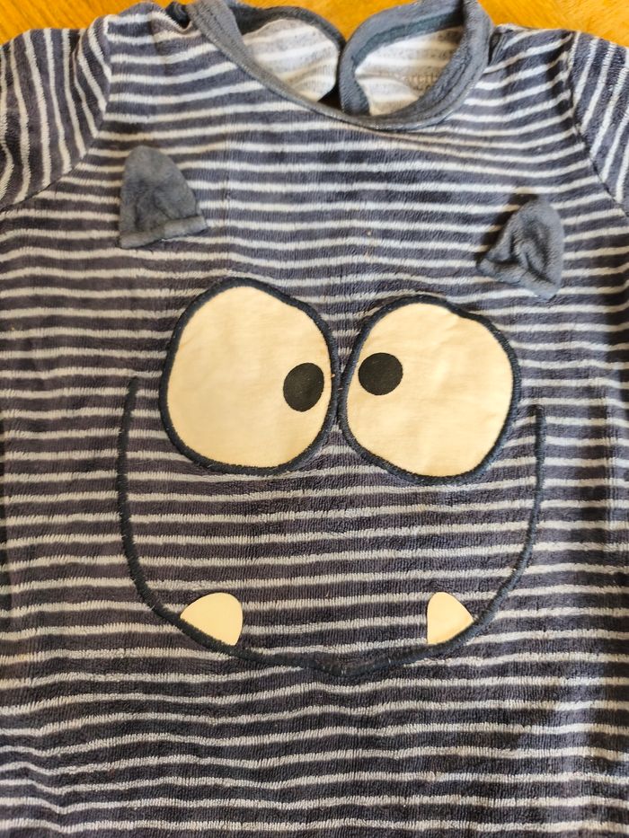 Pyjama grenouillère 9 mois garçon DPAM rayé bleu marine bleu clair rigolo monstre - photo numéro 3