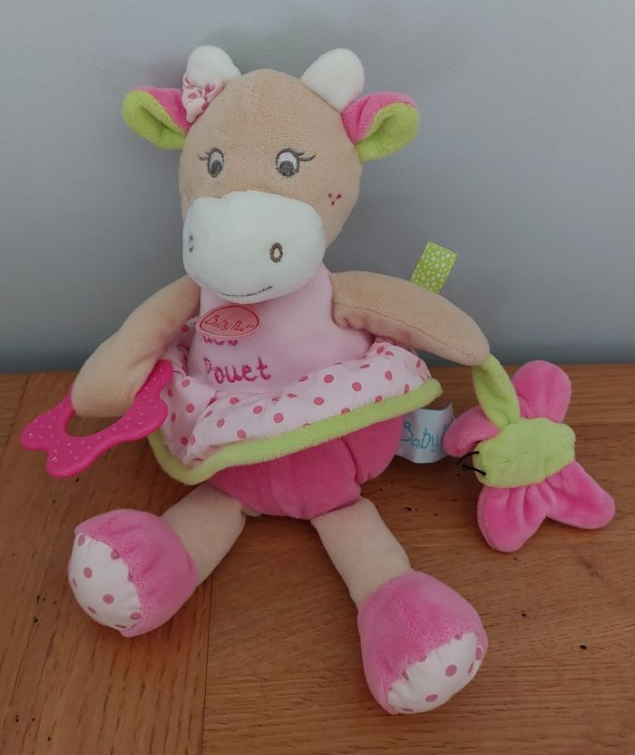 Doudou peluche hochet activité coquillette la Vache pouet pouet