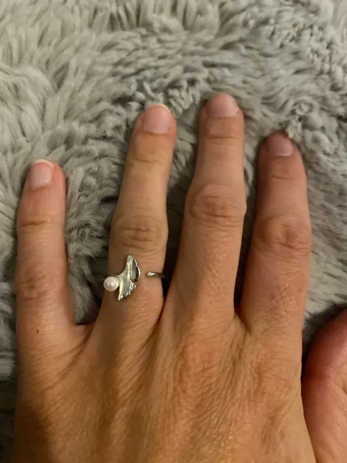 Bague argent Gingko et perle - Taille 52 - photo numéro 3