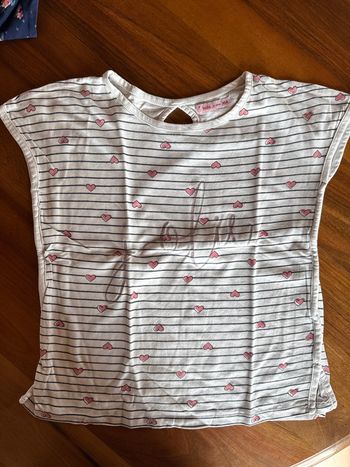 T-shirt manches courtes filles, 10 ans, gémeaux, rayures marinière, cœur rose