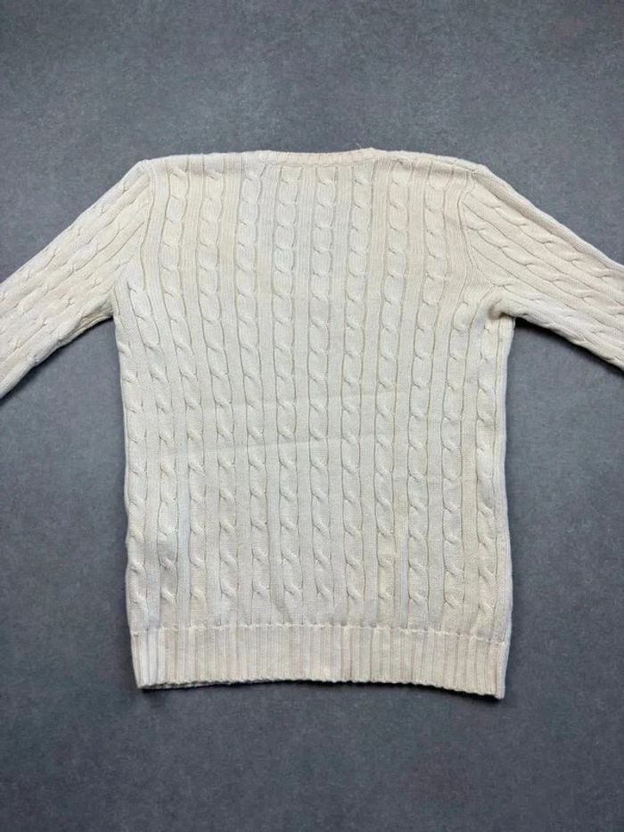 Pull d’hiver torsadé en maille Ralph Lauren blanc crème logo violet col V taille M femme - photo numéro 3