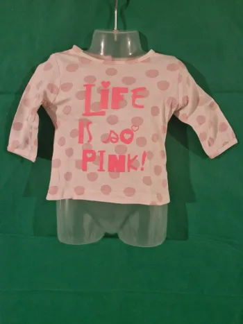 T-shirt manches longues “Life is Pink!” à pois blanc rose 3 mois Tex Baby