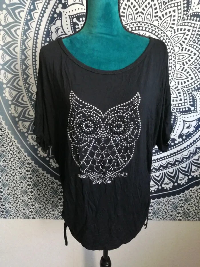 Tee-shirt noir fluide imprimé hibou en strass avec lien à nouer / sans marque / (TU) - photo numéro 2