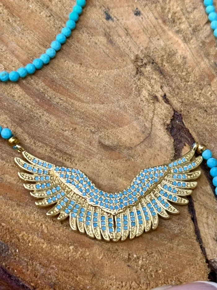 Collier chaîne réglable perles boules turquoises ainés cristaux mâts turquoises habaha Paris - photo numéro 2