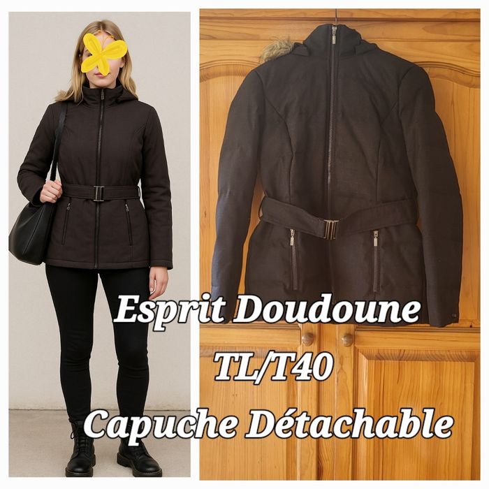 Esprit Doudoune TL/T40-Grise-Capuche Imitation Fourrure Détachable-Coupe Droite avec Plumes