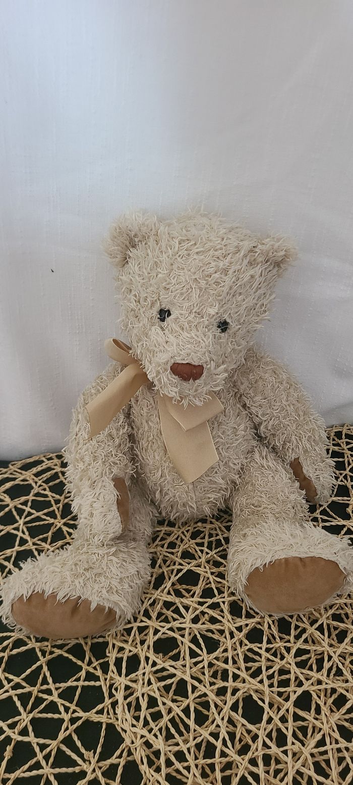 Ancien doudou ours beige marron noeud  MOULIN ROTY