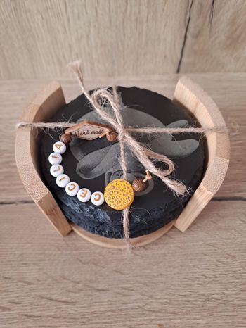 Lot de 5 dessous de verre ardoise avec présentoir en bambou personnalisé