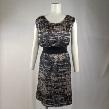 Robe Naf Naf 100 % soie, imprimé graphique noir et beige, taille 36, ceinture élastique A961