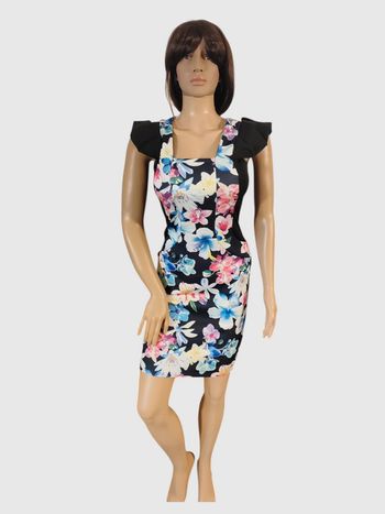 Robe Quiz Noire à Fleurs Colorées, Taille M