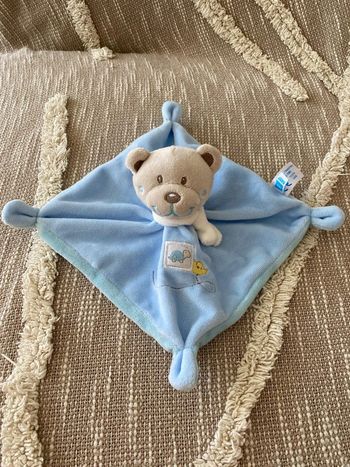 Peluche doudou plat 19cm Tex ours bleu et gris beige parfait état