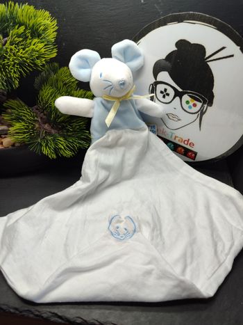 doudou souris sucre d'orge cajou bleu blanc jaune mouchoir peluche noeud Ancien