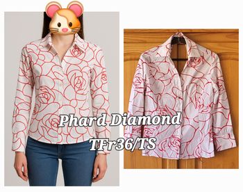 Phard Diamond Chemisier TS/TFr36 - Manche 3/4-Blanc&Rouge- Col V & Décolleté Dos