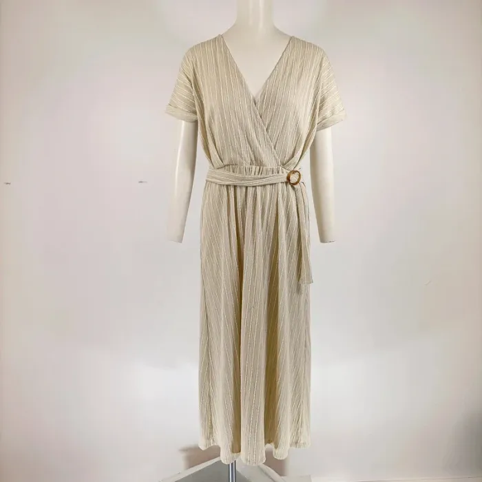 robe longue cache coeur beige rayures verticales CMT atelier - taille M (10) A310