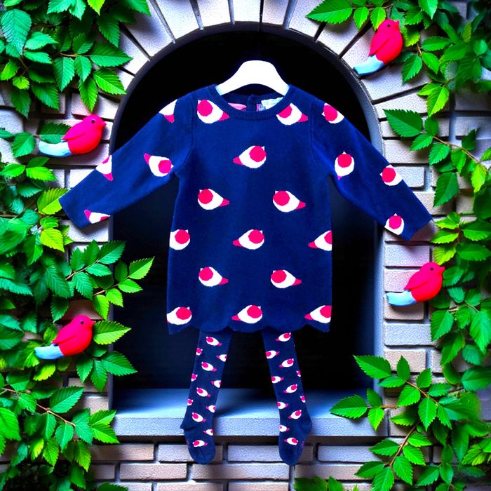 JACADI - NEW - ROBE MAILLE BÉBÉ FILLE MOTIF PETITS OISEAUX AVEC SES COLLANTS 18M