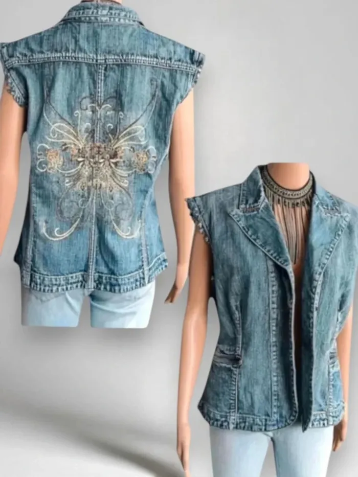 Veste jean cintrée sans manches avec motif marque Actuelle Jeans - photo numéro 3