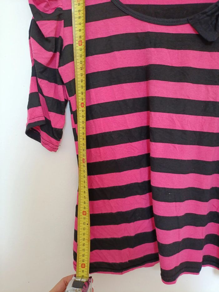 T-shirt rayé noir et rose avec nœud vintage mignon - photo numéro 7