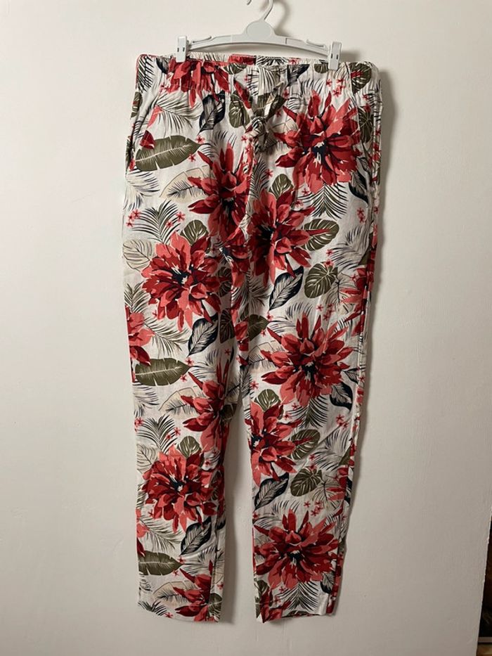 Pantalon large femme – Taille 46 – Coton et lin – Motif fleuri