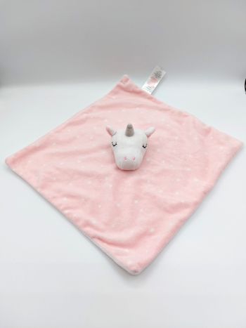 Doudou plat licorne blanc rose gris PRIMARK Baby étoiles yeux dormeurs comme neuf