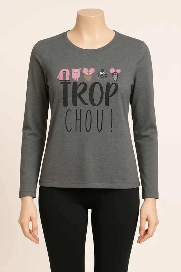 Haut de pyjama ETAM Gris avec inscription " Trop chou !" Taille XS Neuf avec étiquette