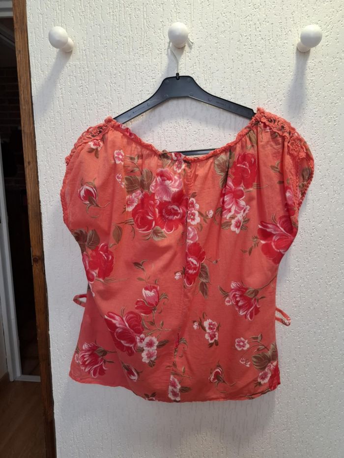 Belle blouse femme fleurie orange/rouge 46/48 100 % coton excellent état - photo numéro 4