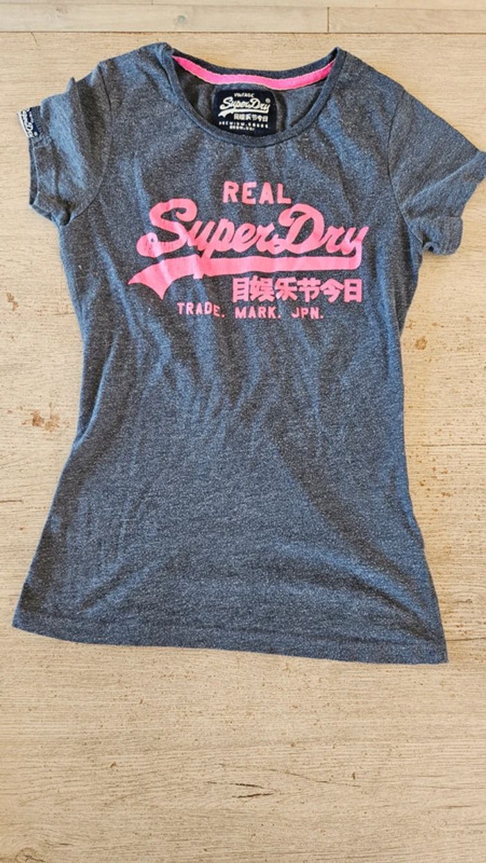 T shirt bleu gris chiné inscription fushia, Superdry Vintage, XS - photo numéro 3