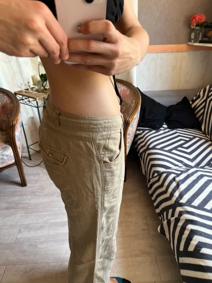 Pantalon taille basse lin marron baggy cargo grunge y2k 2000yer - photo numéro 3