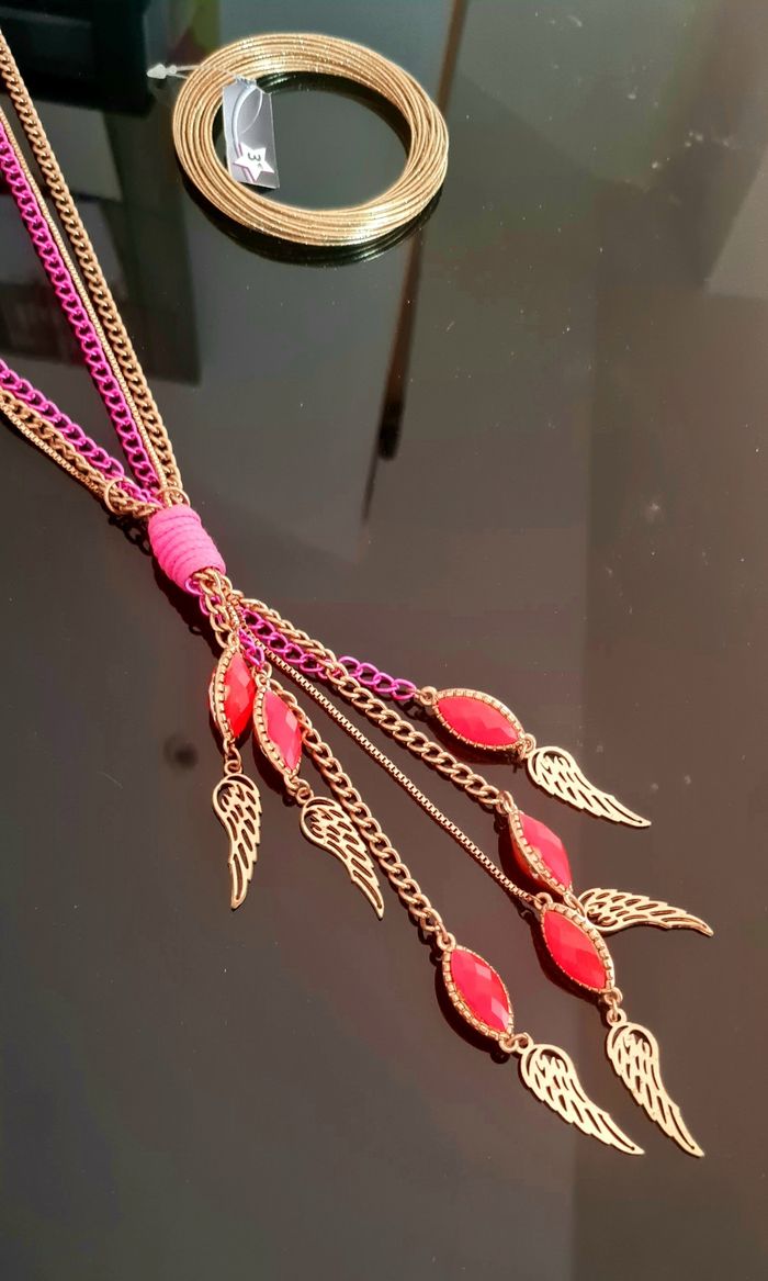 Parure élégante fuchsia & doré – collier tressé + bracelet neuf - photo numéro 3