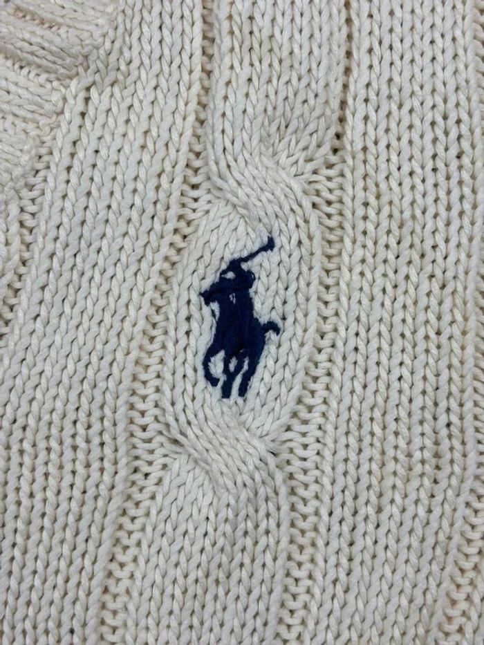 Pull d’hiver torsadé en maille pima Cotton blanc crème logo bleu marine col V taille M femme - photo numéro 6