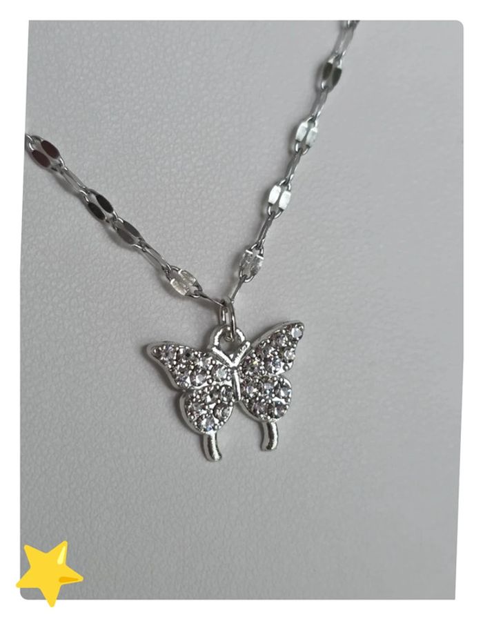 Collier double en acier inoxydable avec pendentif papillon et pierre d'ornement - photo numéro 4