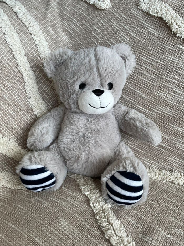 Peluche doudou 29cm Françoise Saget ours gris et rayé bleu marine très bon état
